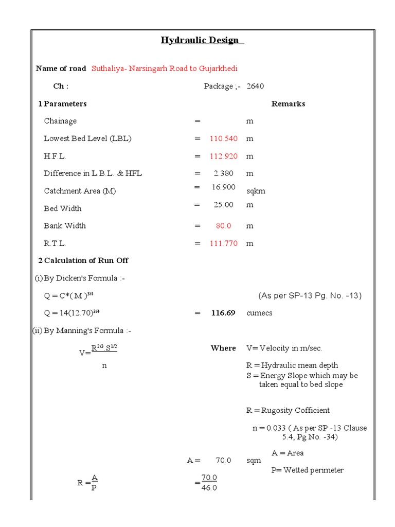 Hydraulic Design Calculations for Suthaliya Narsingarh Road to