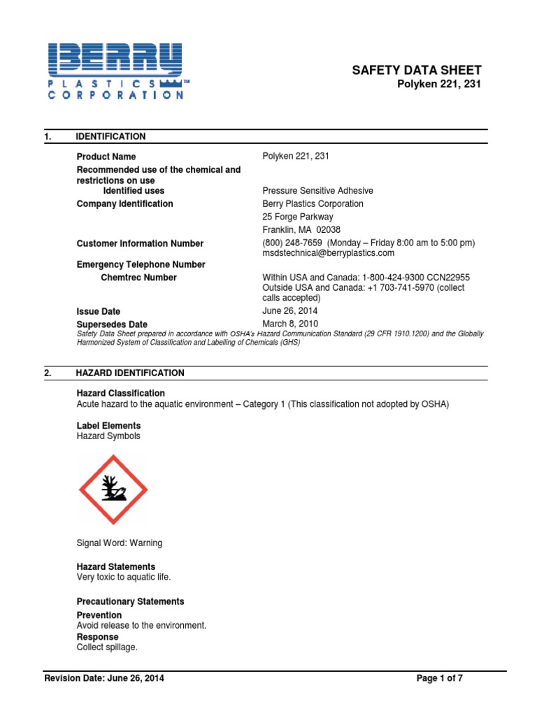 Safety Data Sheet Polyken 221, 231 PDF Toxicity Occupational Safety And Health