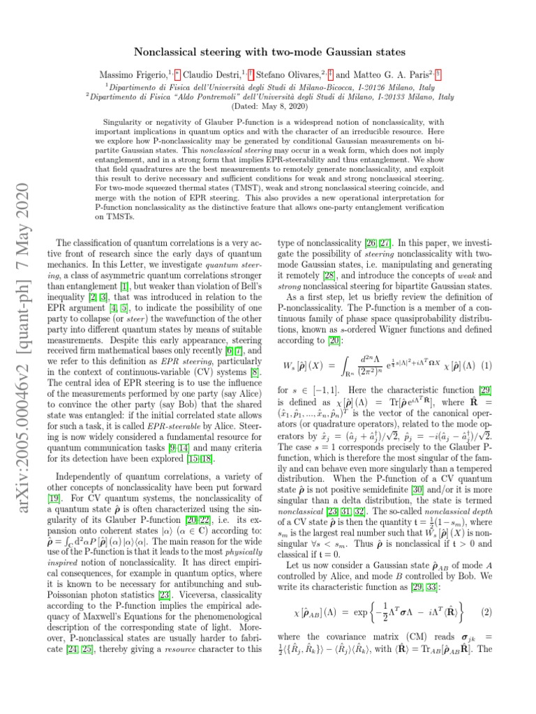 Nonclassical Steering With Two-Mode Gaussian States | PDF | Quantum ...