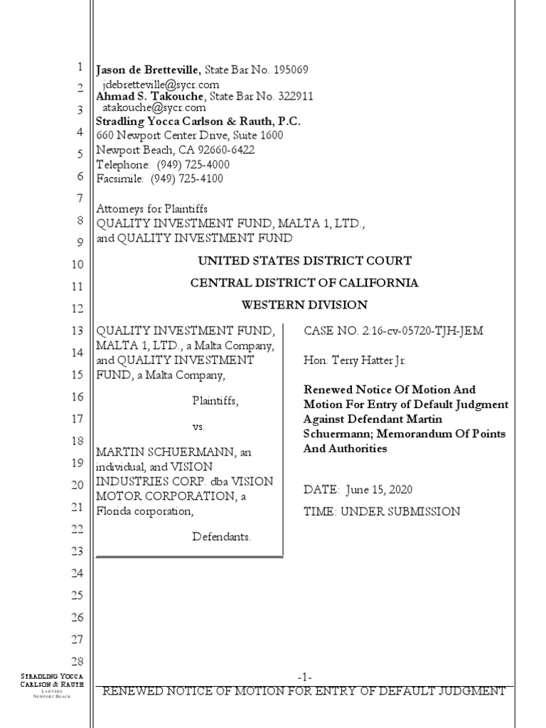 Renewed Notice of Motion and Motion for Entry of Default Judgment (w