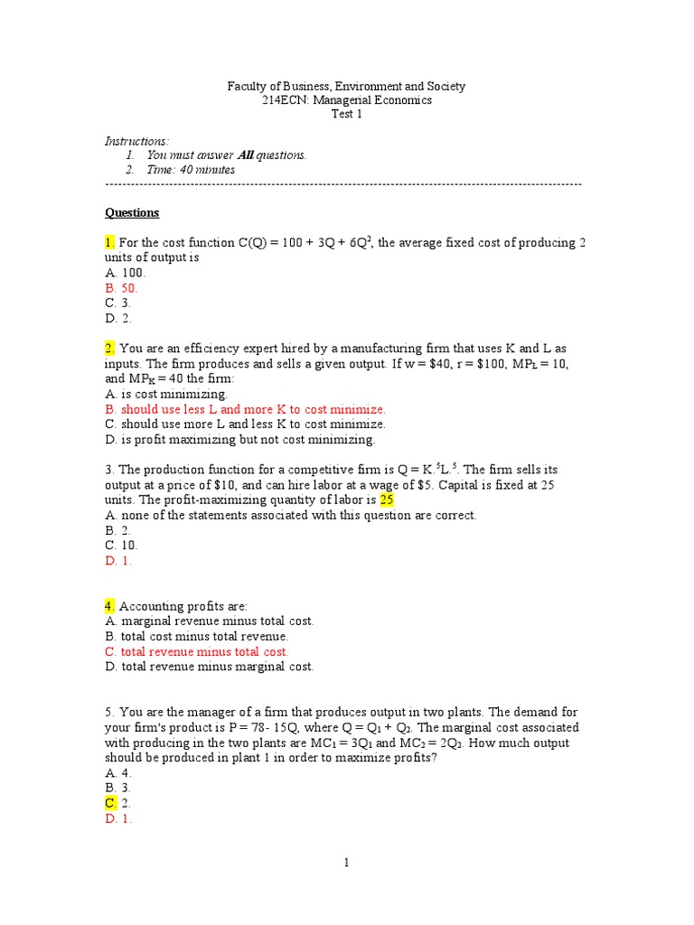 Last Year Test Paper Answers | PDF | Oligopoly | Economic Equilibrium