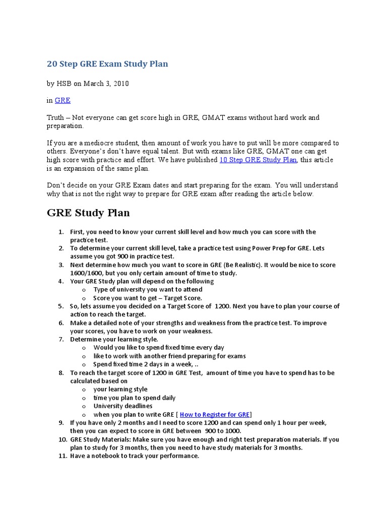 20-Step GRE Exam Study Plan Guide | PDF | Graduate Record Examinations ...