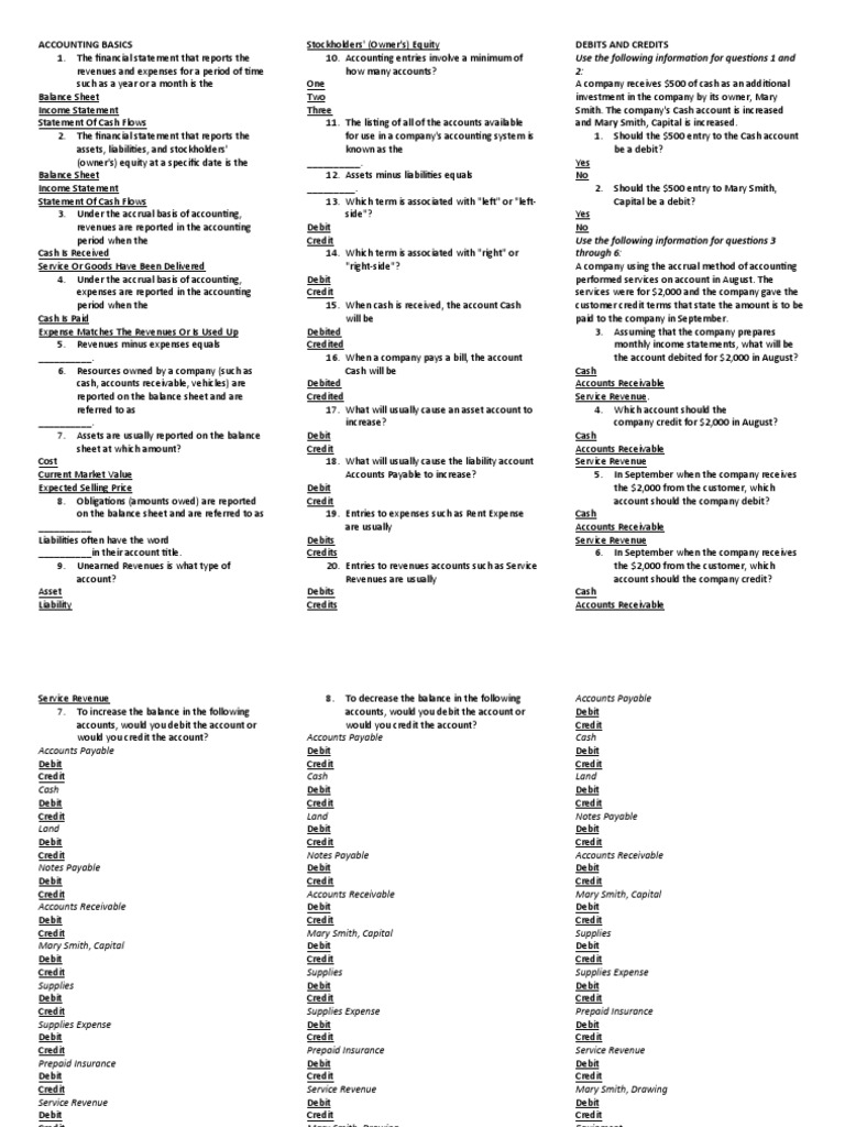 ACCOUNTING BASICS Quiz PDF Debits And Credits Bookkeeping