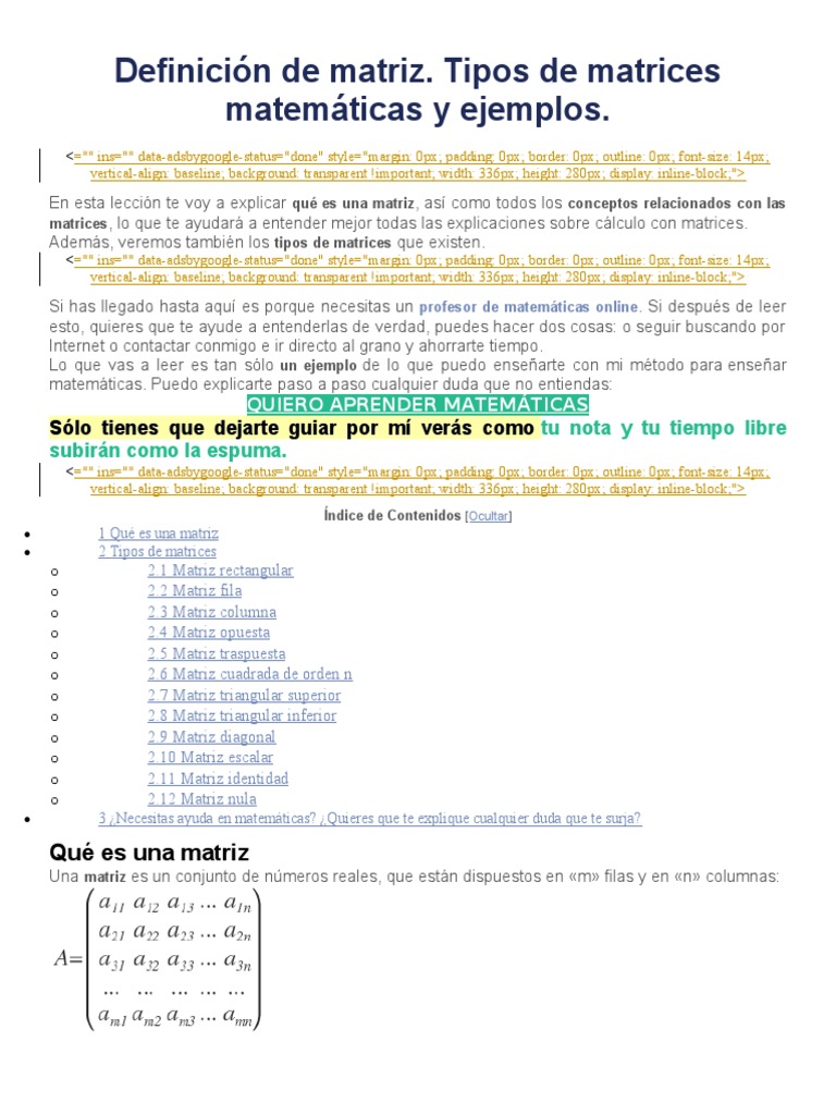 Definición y Tipos de Matrices | PDF | Matriz (Matemáticas) | Elipse