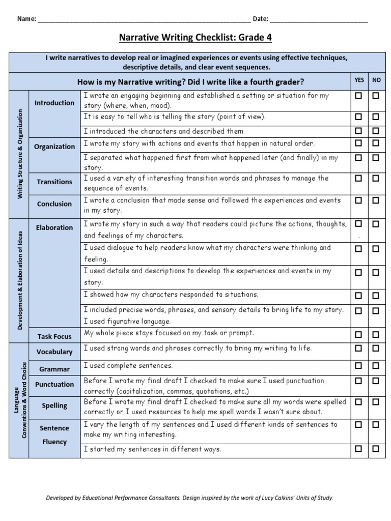 Narrative Writing Checklist Grade 4 How Is My Narrative Writing? Did