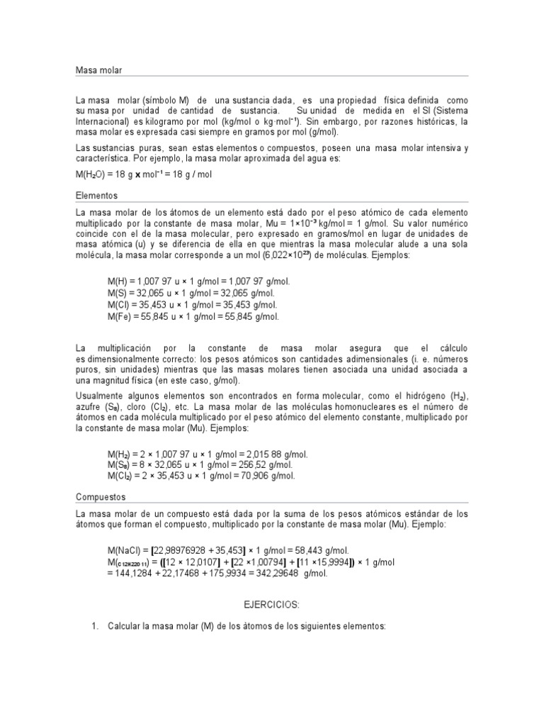Masa Molar PDF Mole Unidad Cantidades Fisicas