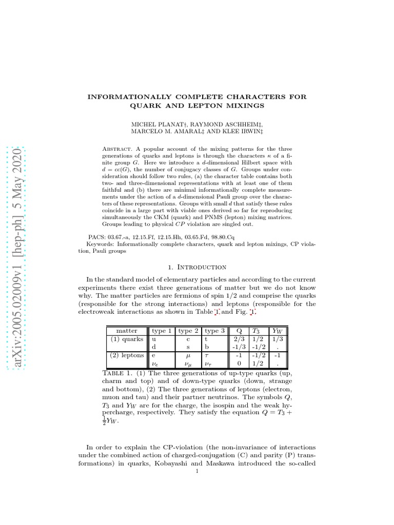 Informationally Complete Characters For Quark and Lepton Mixings | PDF ...