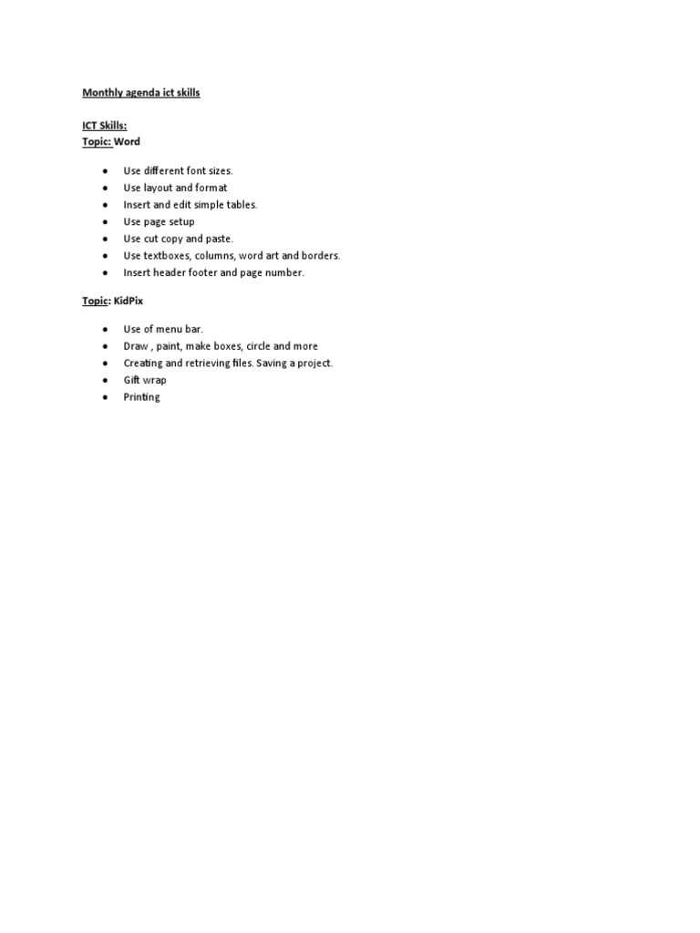 Monthly Agenda Ict Skills Class 3 | PDF
