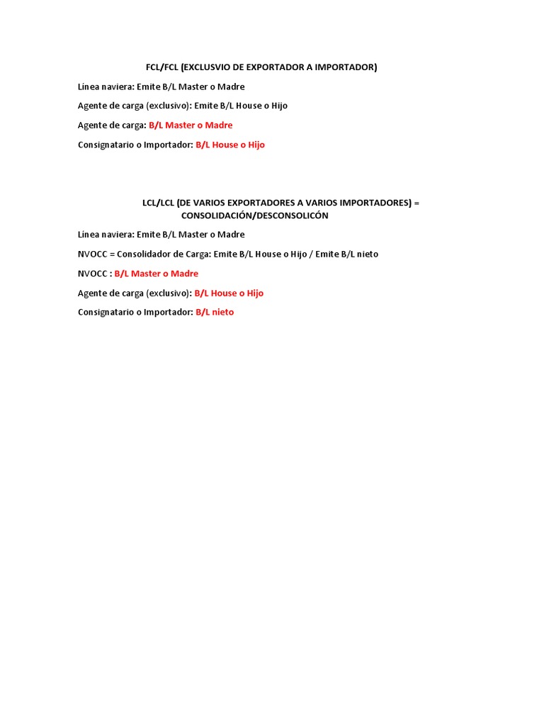 B L Master O Madre B L House O Hijo Lcl Lcl De Varios Exportadores A Varios Importadores Consolidacion Desconsolicon