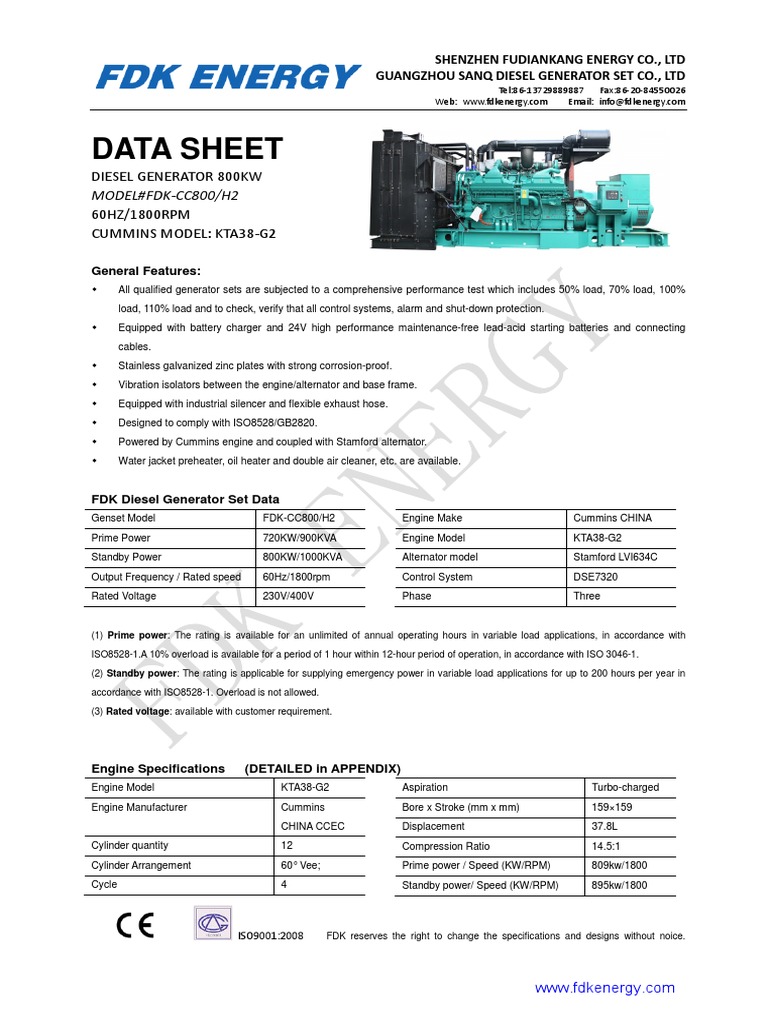 Data Sheet Diesel Generator 800Kw 60HZ/1800RPM Cummins Model Kta38G2