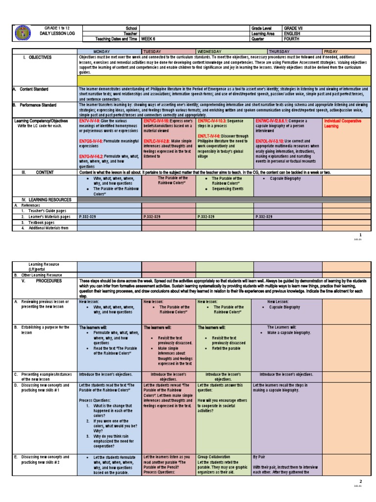 Grade 7 English Daily Lesson Plan | PDF | Learning | Narrative