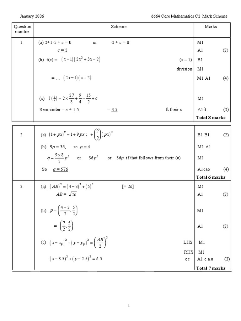 Core Mathematics C2 Mark Scheme 2006 | PDF | Elementary Geometry ...