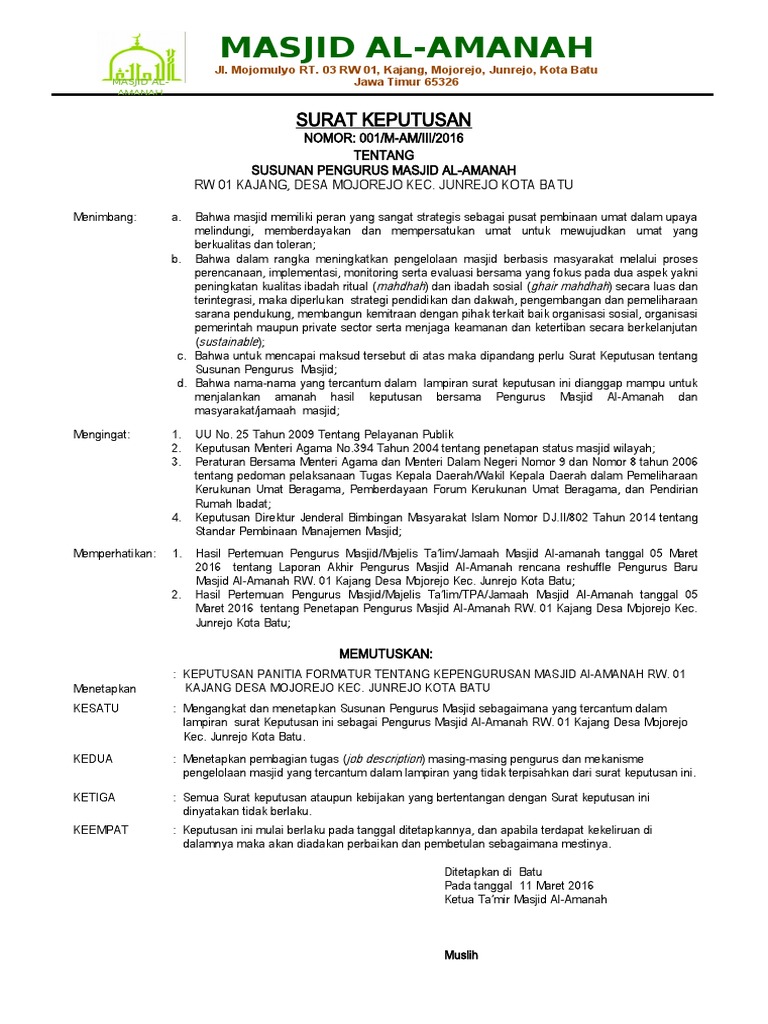 Sk Pengurus Takmir Masjid Al Amanah 2019 Pdf