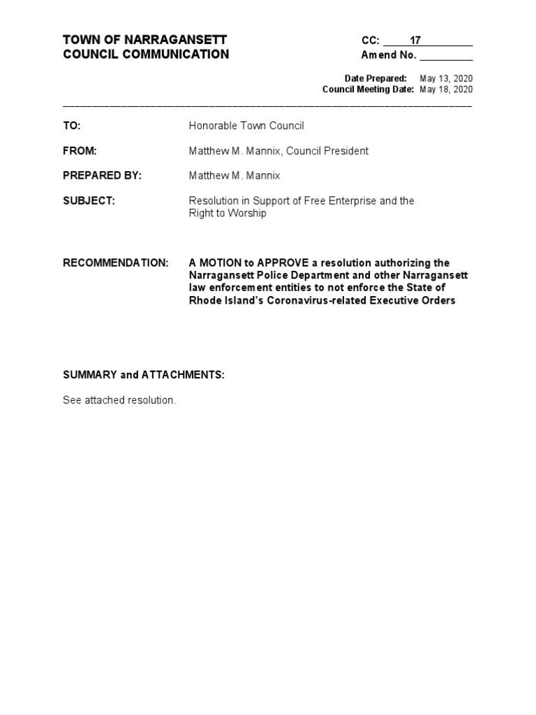 Resolution in Support of Free Enterprise and The Right To Worship | PDF ...