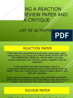 Writing A Reaction Paper, Review Paper and A Critique: List of Activities