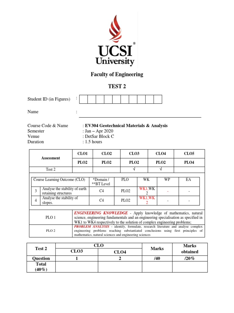 Test 2 (Jan - Apr 2020) - Online | PDF | Geotechnical Engineering ...