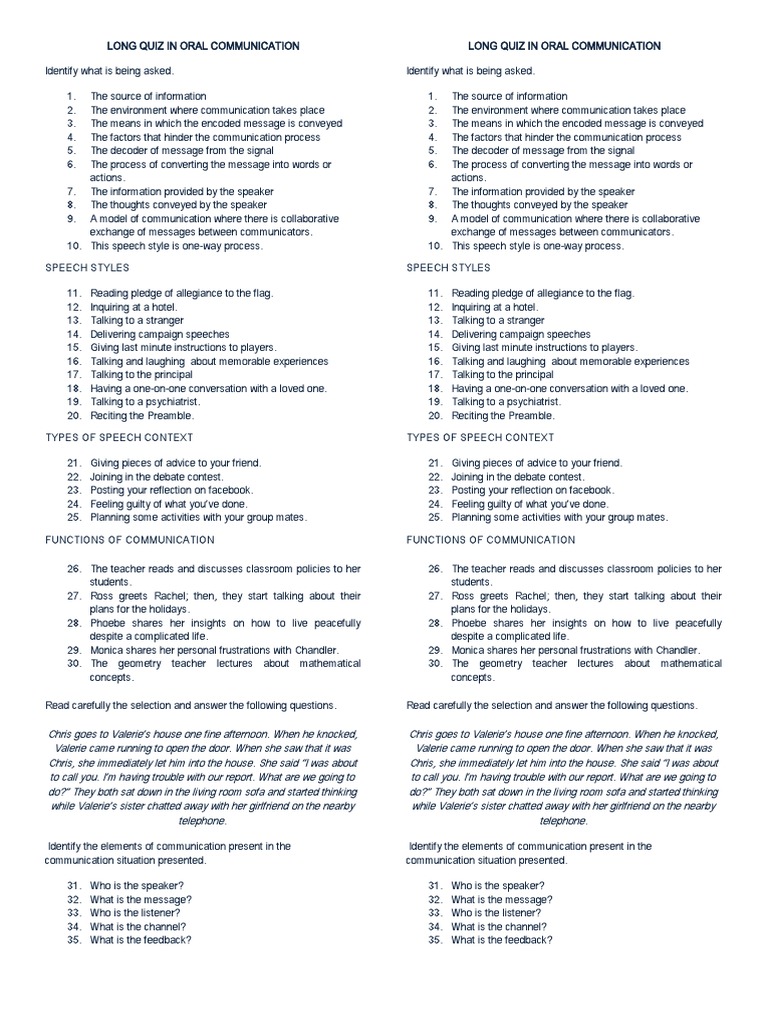 Grade 11 Oral Communication Quiz | PDF | Speech | Communication