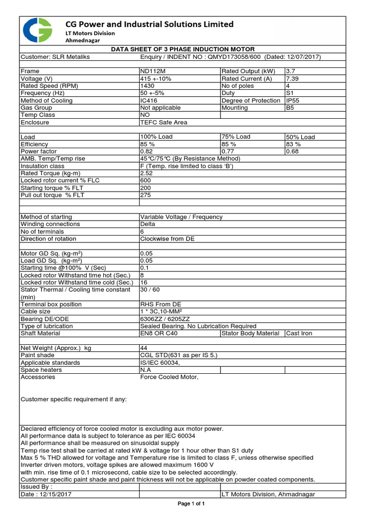 3.7 kW 3-Phase Induction Motor Data Sheet | PDF | Electric Motor ...