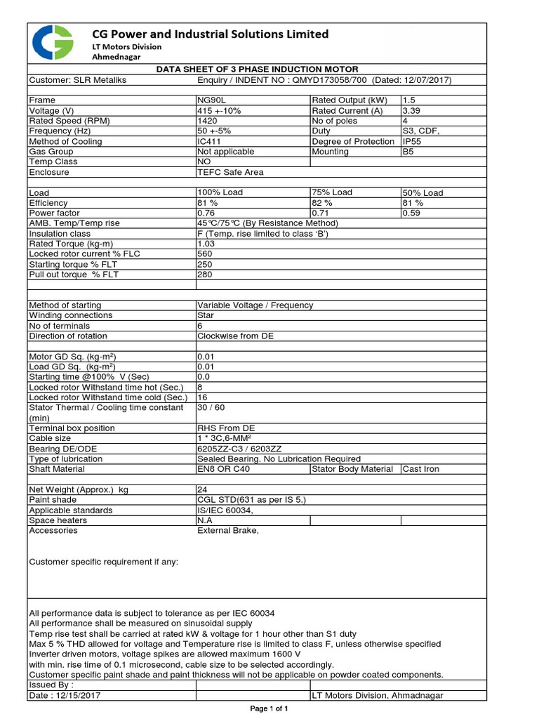3 Phase Induction Motor Data Sheet | PDF | Electric Motor | Electrical ...