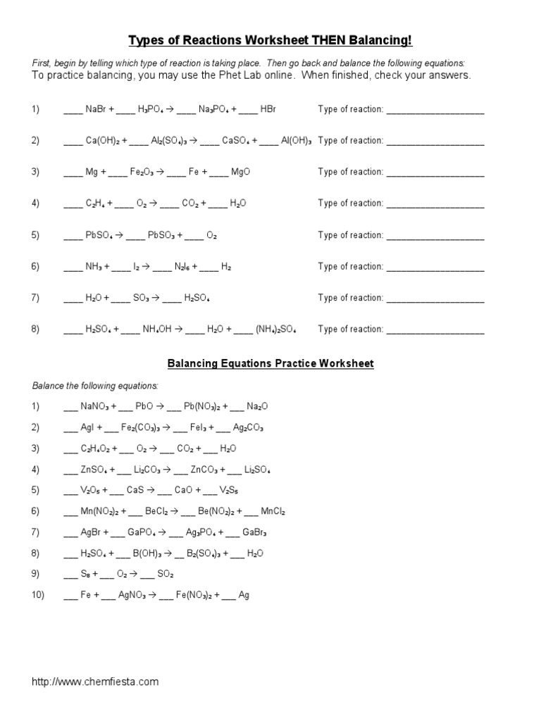 Types of Reactions Worksheet THEN Balancing! | PDF | Sulfuric Acid | Chemical  Reactions