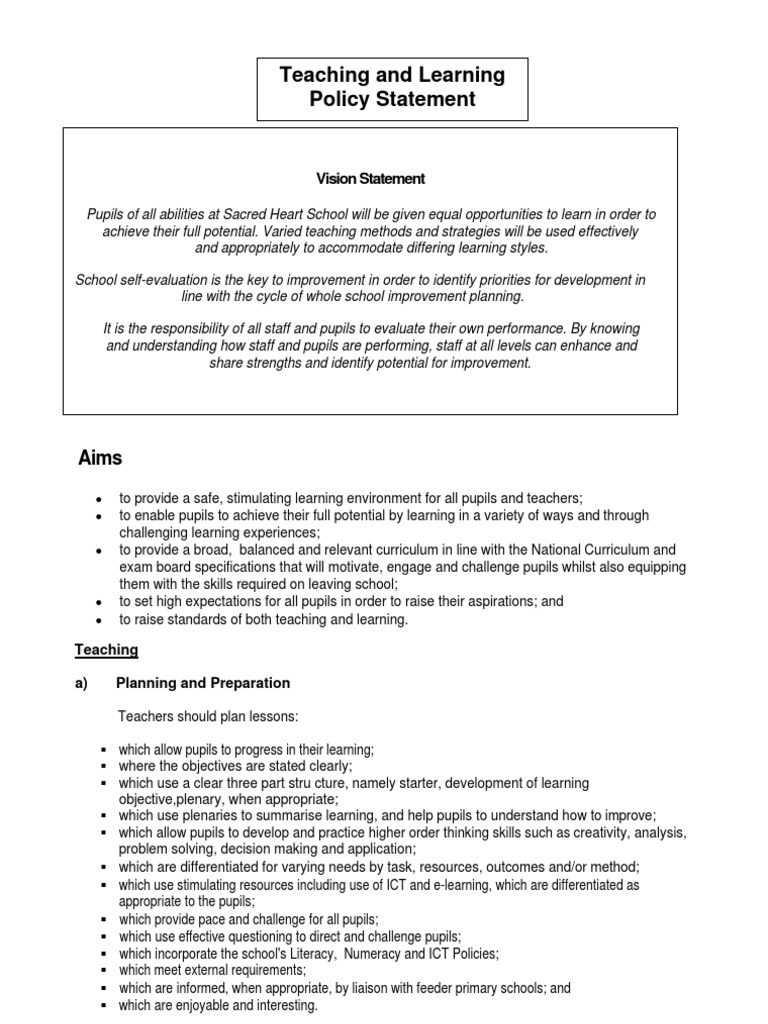 Sacred Heart School Teaching Policy | PDF | Teachers | Curriculum