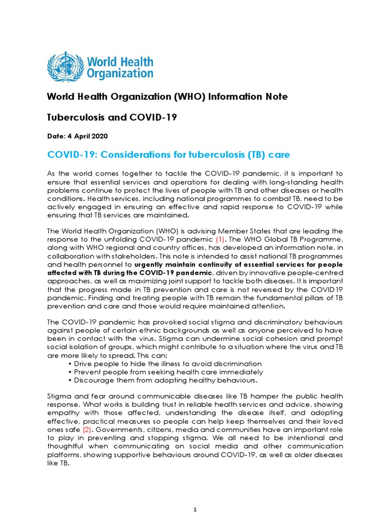 World Health Organization (WHO) Information Note Tuberculosis and COVID ...