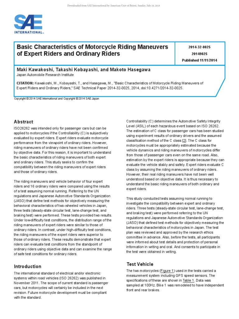 Basic Characteristics of Motorcycle Riding Maneuvers of Expert Riders