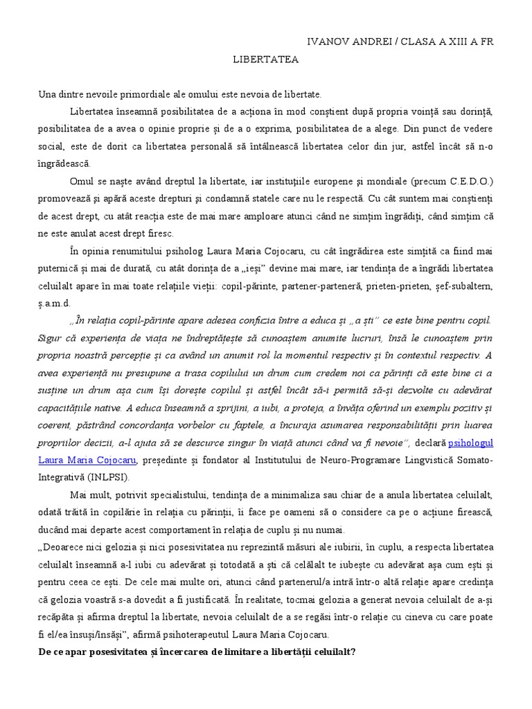 Eseu 2 Filozofie Libertatea | PDF