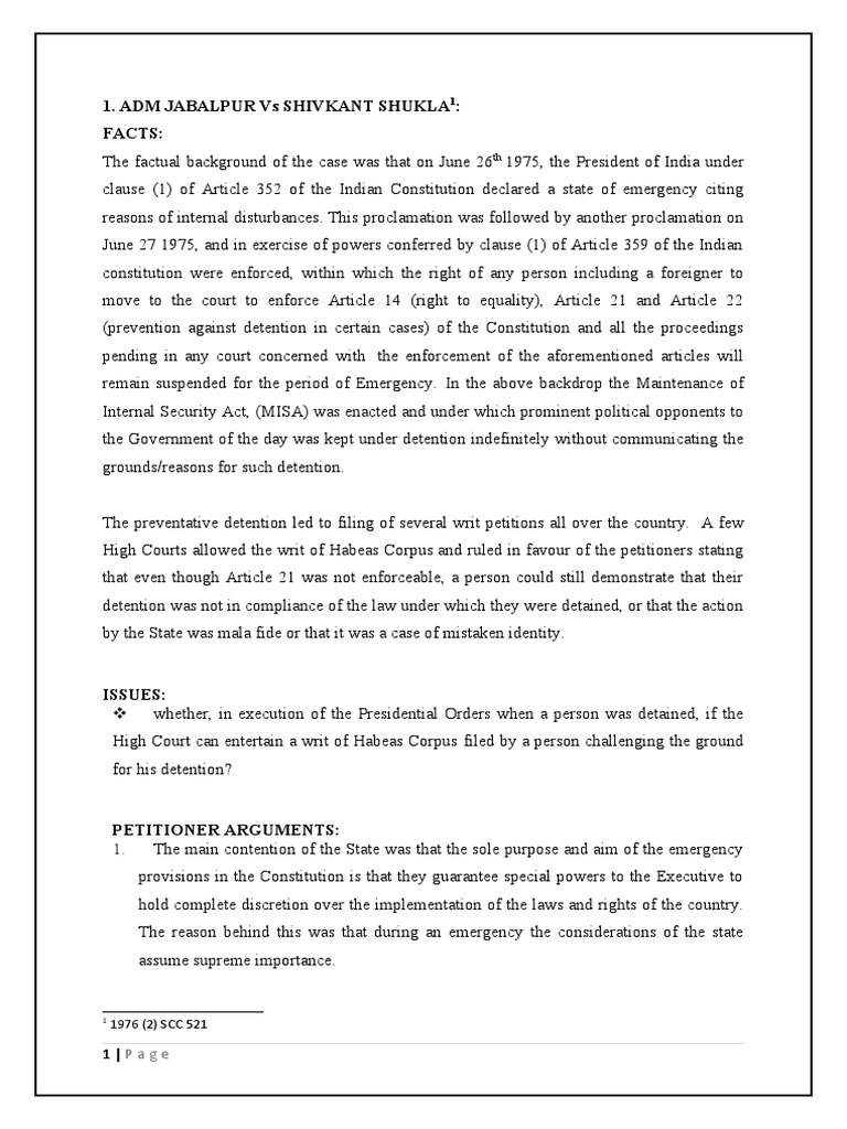 ADM Jabalpur Case Analysis Download Free PDF Social Institutions