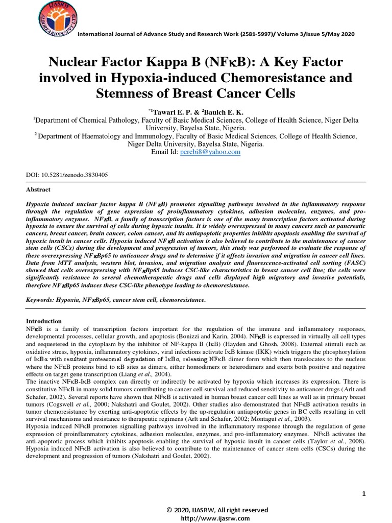 Nuclear Factor Kappa B (NF B) A Key Factor Involved in Hypoxia-Induced ...