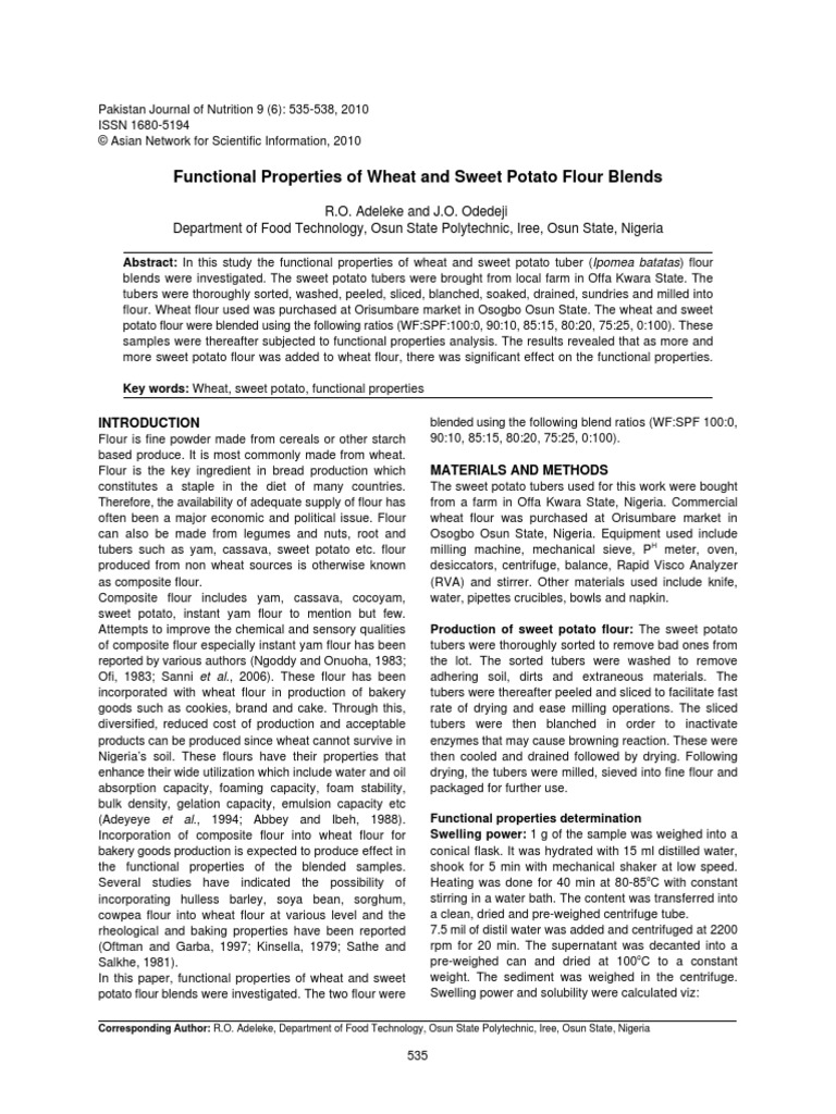 Functional Properties of Wheat and SP Flour Blends | PDF | Flour | Potato