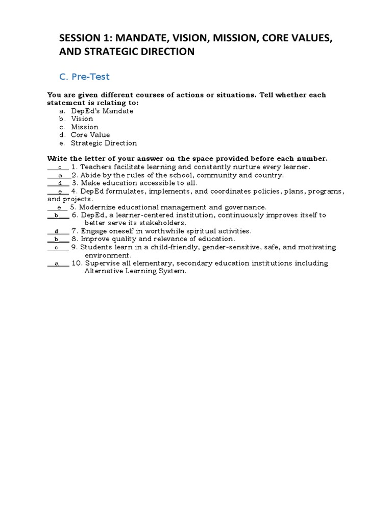 Session 1: Mandate, Vision, Mission, Core Values, and Strategic ...