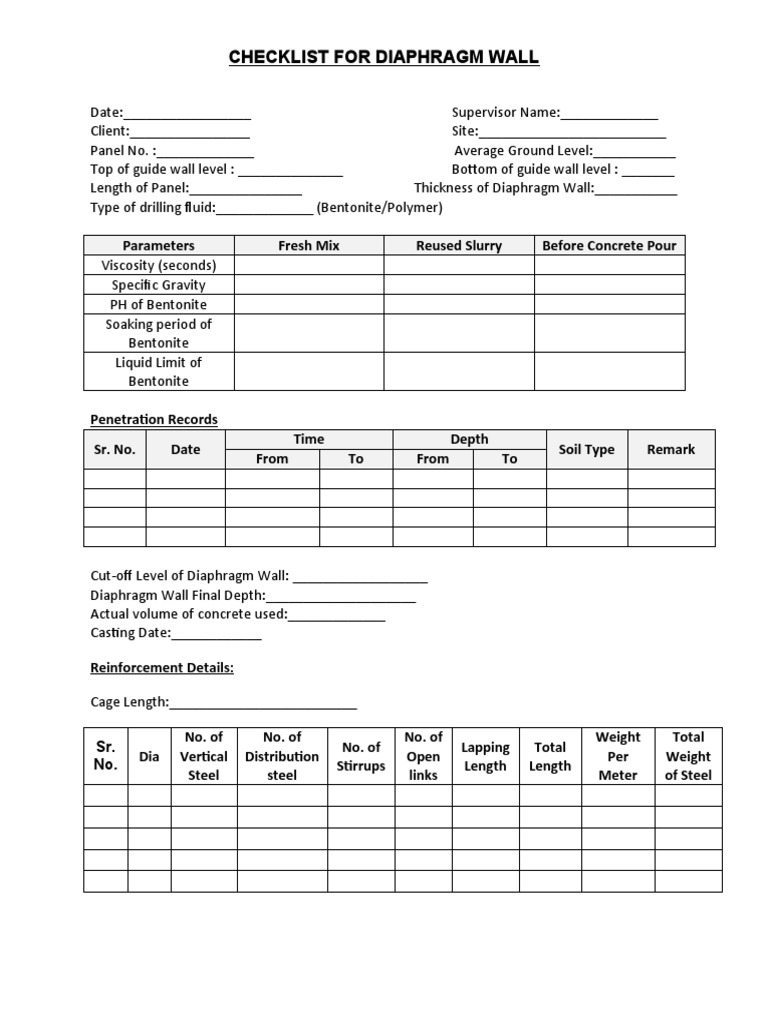 Diaphragm Wall, Checklist For Site Construction | PDF