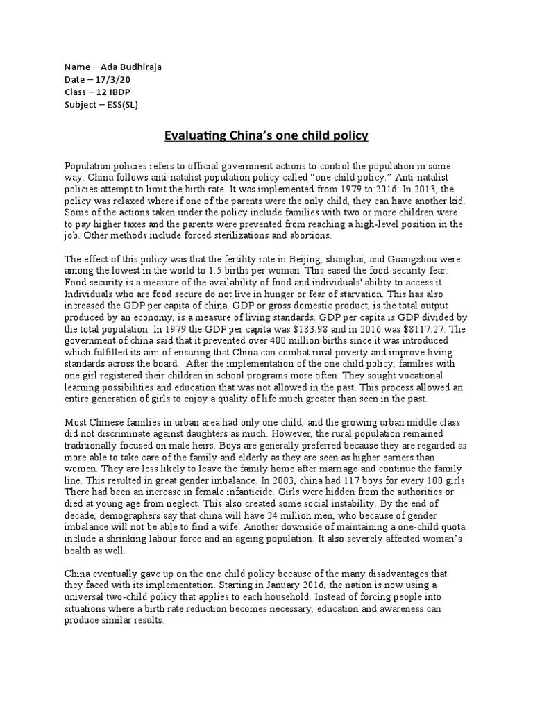 China's One Child Policy PDF Gross Domestic Product China