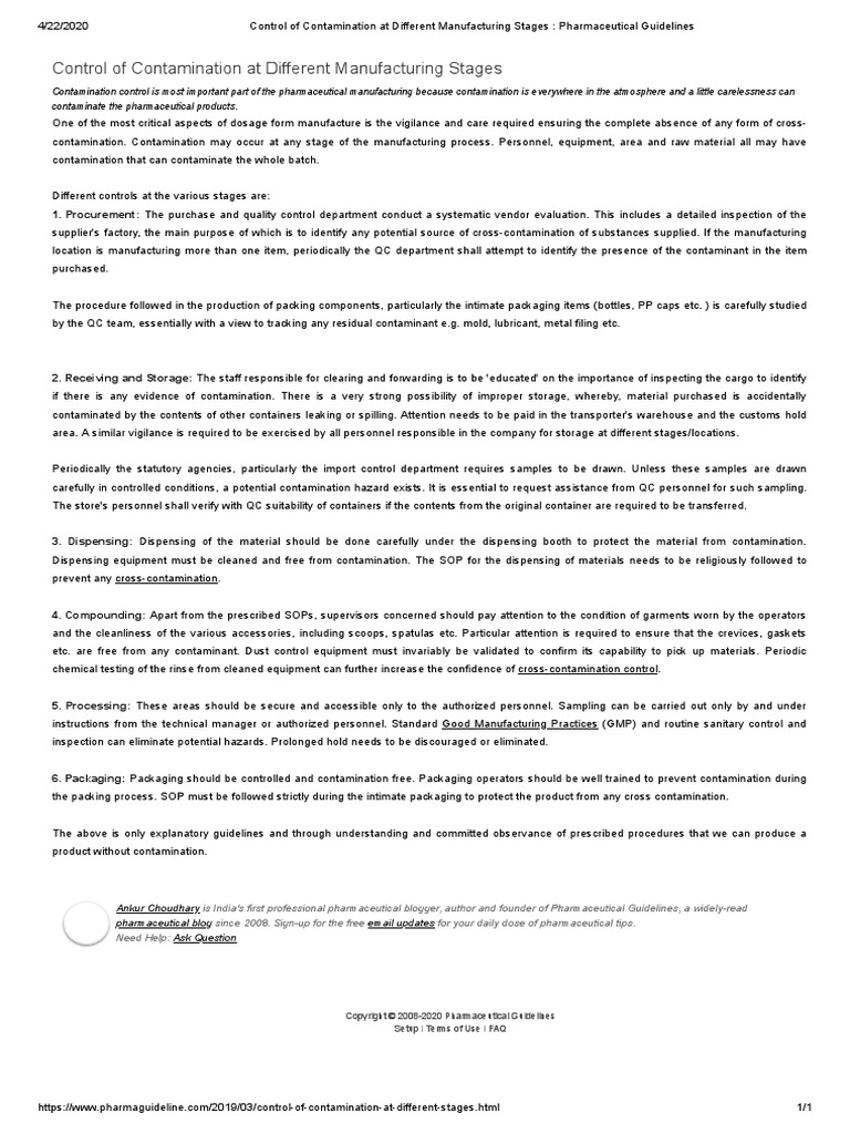 Control of Contamination at Different Manufacturing Stages ...