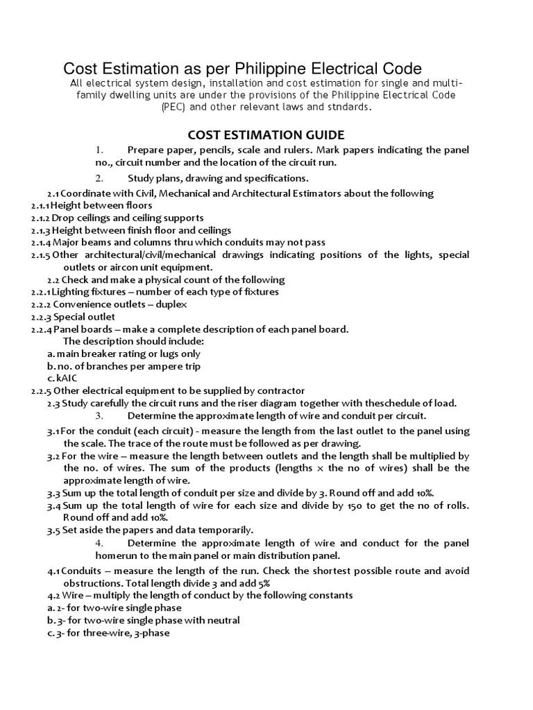 Cost Estimation As Per Philippine Electrical Code | PDF | Manufactured ...