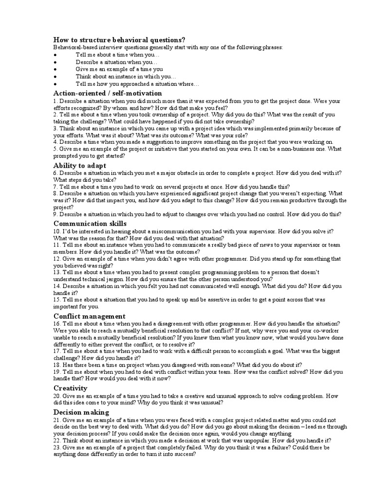 Structuring Behavioral Interview Questions | PDF | Goal | Applied ...