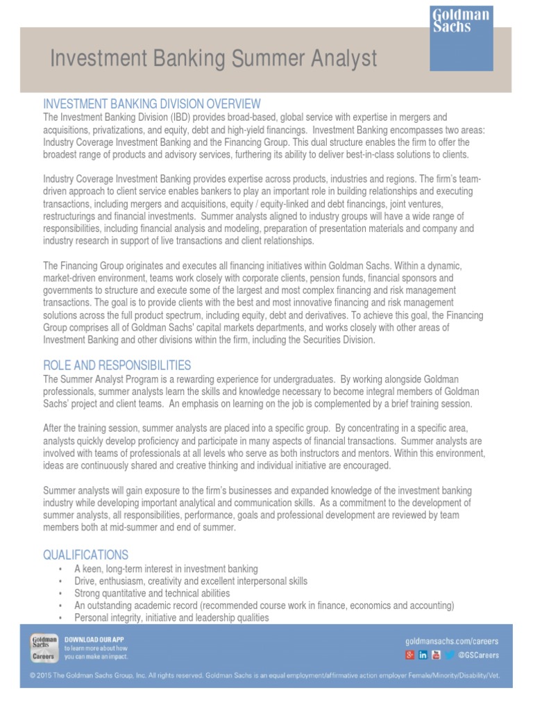 Goldman Sachs IB Summer Analyst Program PDF Investment Banking Leveraged Buyout