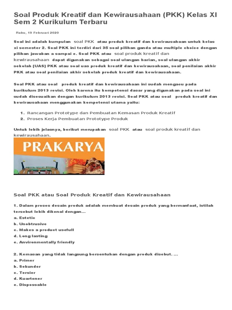 Bahan Bahan Soal Produk Kreatif Dan Kewirausahaan Kelas Xi Pdf