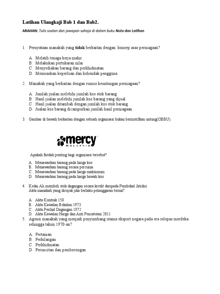 Latihan Ulangkaji Bab 1 Dan Bab2 Objektif Pdf