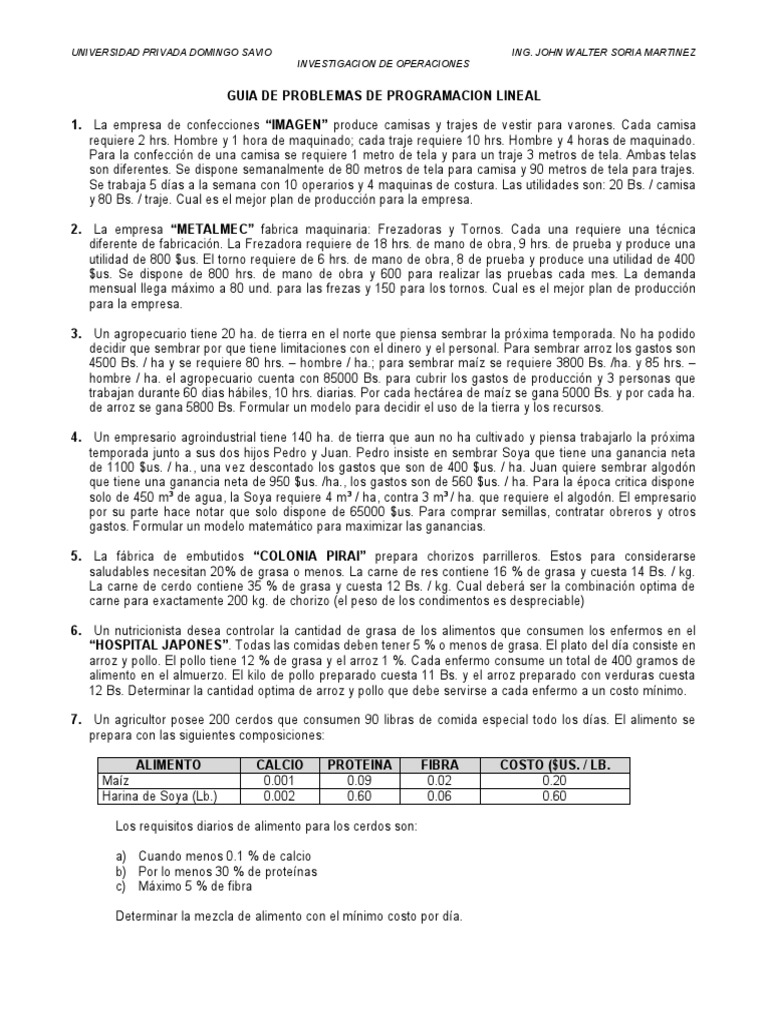 Guia De Problemas De Programacion Lineal Pdf Chocolate Alimentos
