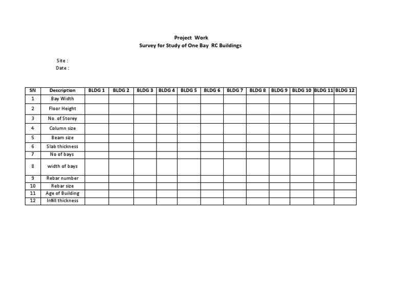 Project Work Survey For Study of One Bay RC Buildings: Site: Date | PDF ...
