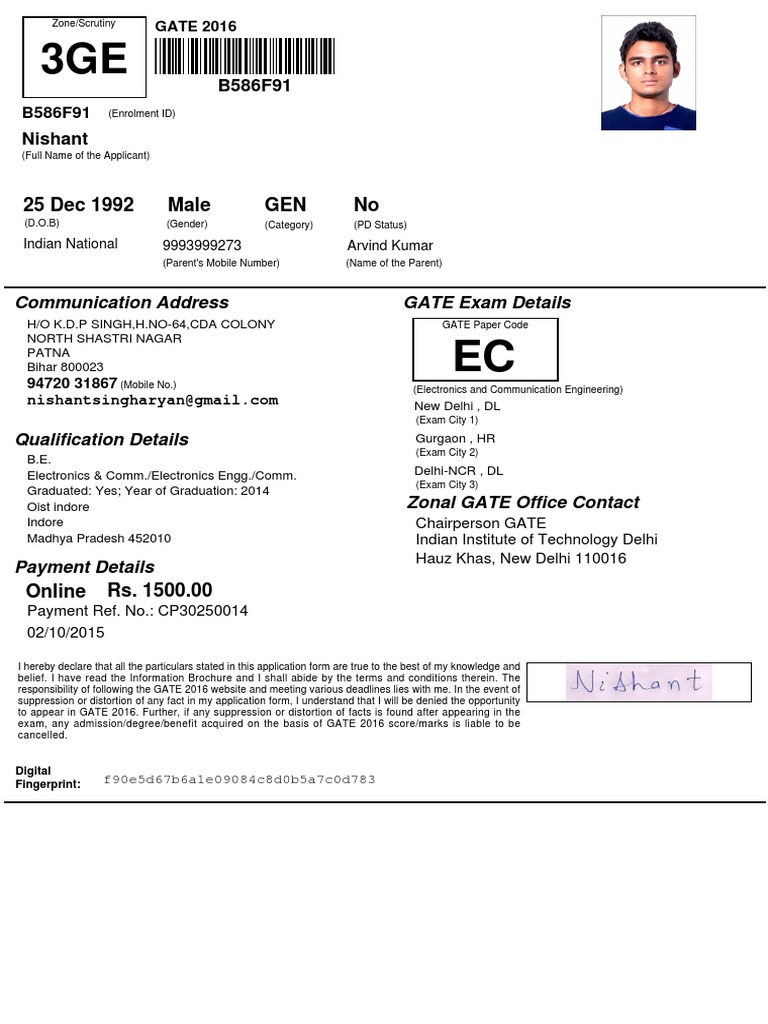 25 Dec 1992 Male GEN No: Communication Address GATE Exam Details | PDF