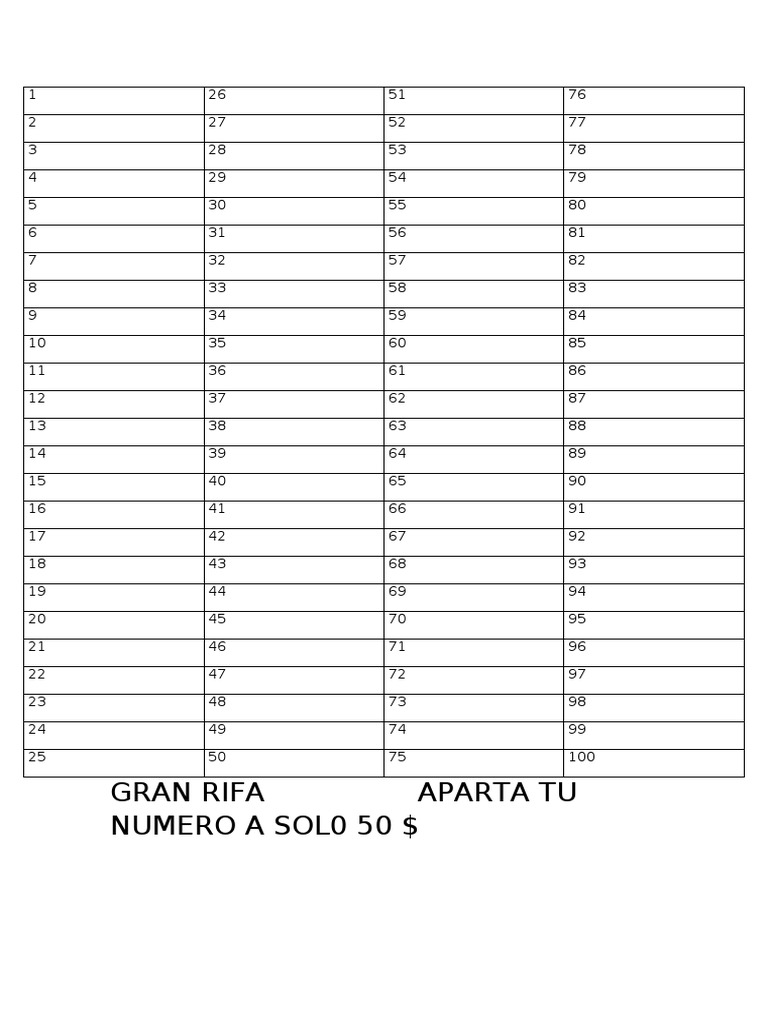 Hoja Sorteo 100 Numeros Hola | PDF