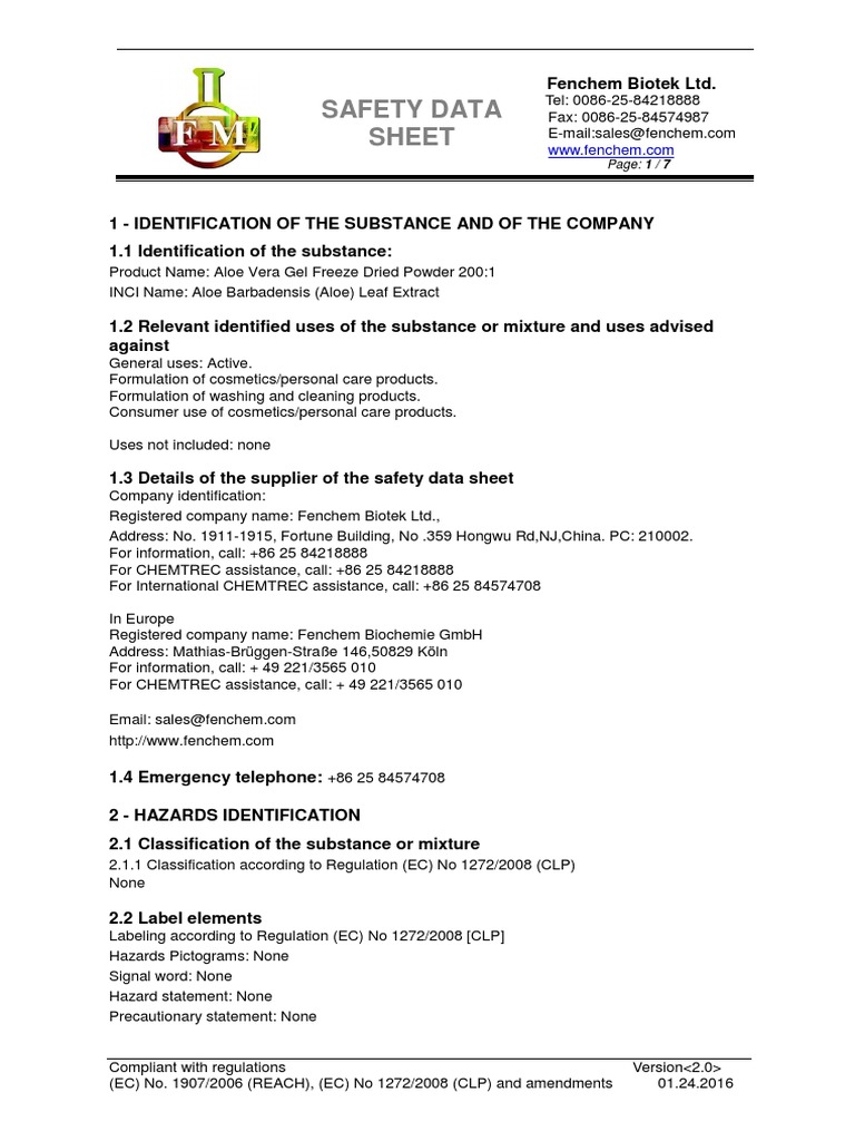 Aloe Vera Gel Safety Data Sheet | PDF | Personal Protective Equipment |  Resource Conservation And Recovery Act