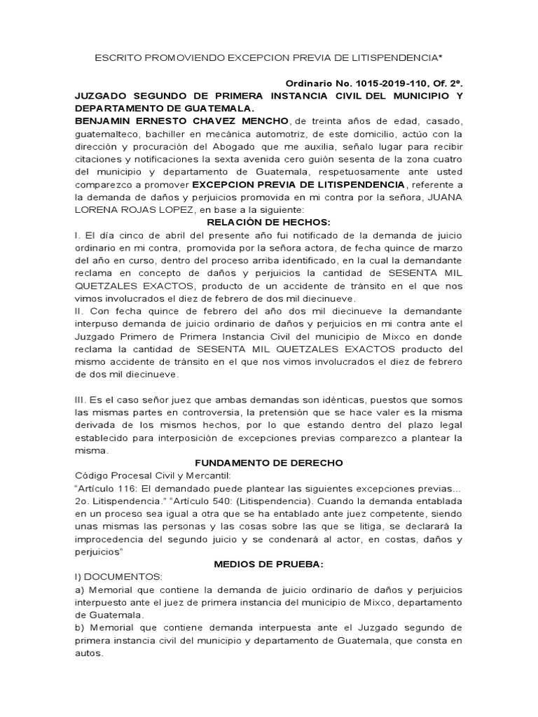 Escrito Promoviendo Excepcion Previa de Litispendencia | PDF | Estoppel ...