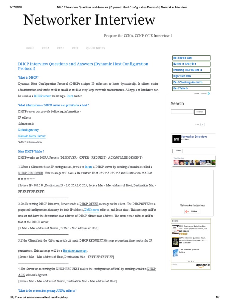 DHCP Interview Questions and Answers (Dynamic Host Configuration