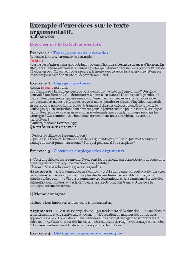 Exemple D'exercices Sur Le Texte Argumentatif | PDF | Arts du langage ...