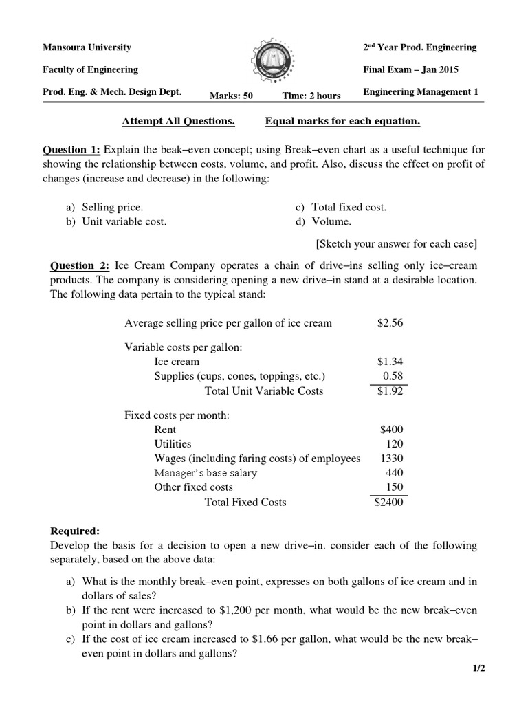 Engineering Management Exam 2015 | PDF | Depreciation | Business Economics
