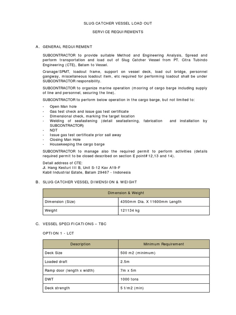 Slug Catcher Vessel Load Out Requirements | PDF | General Contractor | Port